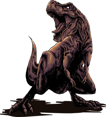 Hình minh họa khủng long bạo chúa T-Rex với miệng há to, nhe răng nanh, ánh mắt trắng dữ tợn, màu nâu tím.