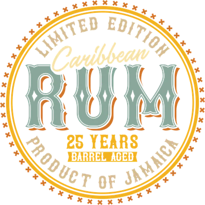Thiết kế nhãn hiệu rượu rum Caribbean cổ điển với chữ 'RUM' lớn, 'Limited Edition' và 'Product of Jamaica'.