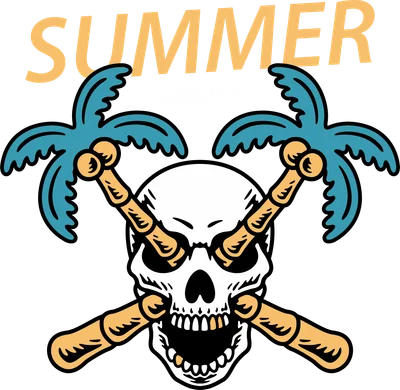 Hình in đầu lâu màu trắng với hai cây dừa xanh bắt chéo như xương, chữ 'SUMMER ADDICT' màu vàng trên nền xám.