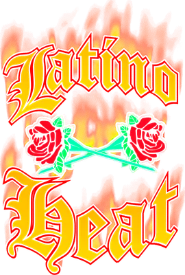 Thiết kế chữ 'Latino Beat' với hiệu ứng lửa và hai bông hoa hồng chéo nhau.