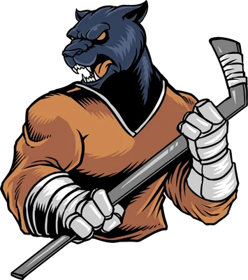 Hình minh họa báo đen cơ bắp, hung dữ trong trang phục khúc côn cầu, cầm gậy hockey, mắt vàng cam.