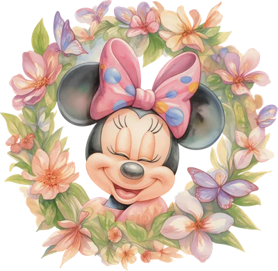 Hình ảnh Minnie Mouse hoạt hình dễ thương với nơ hồng chấm bi, mắt nhắm cười, được bao quanh bởi vòng hoa và bướm màu nước pastel.