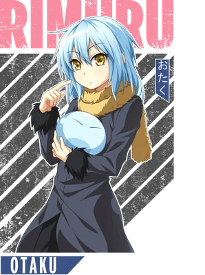 Hình ảnh anime Rimuru Tempest với mái tóc xanh, mắt vàng, mặc áo choàng đen và khăn choàng nâu, cầm một slime xanh.