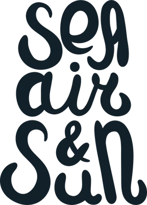Chữ "Sea Air & Sun" viết tay theo phong cách thư pháp, màu xanh đậm trên nền xám.