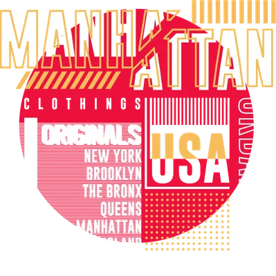 Thiết kế typography hiện đại với chữ MANHATTAN, USA, URBAN CITY và tên các quận New York trên nền đỏ, xám.