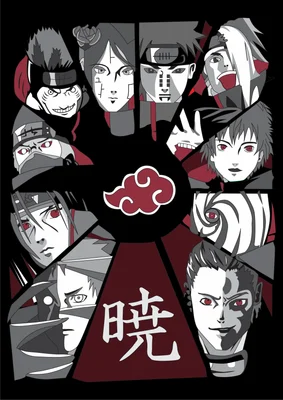 Hình ảnh nhóm Akatsuki với các nhân vật và biểu tượng mây đỏ đặc trưng từ bộ truyện Naruto.