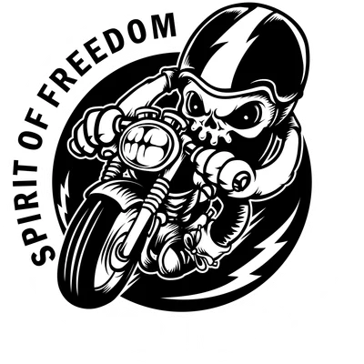 Hình minh họa đầu lâu đội mũ bảo hiểm lái xe mô tô với dòng chữ Spirit of Freedom Bad Bone Racing