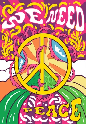 Biểu tượng hòa bình màu vàng nổi bật với dòng chữ "We Need Peace" và các họa tiết xoắn ốc, sóng nước màu hồng, tím, vàng, cam, xanh lá.
