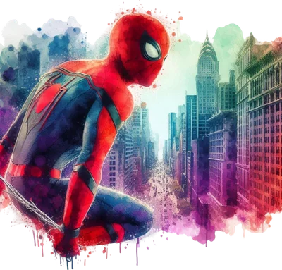 Nhân vật Spider-Man với trang phục đỏ xanh trong hiệu ứng watercolor, nền thành phố hiện đại đa sắc