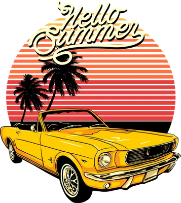 Hình in xe mui trần cổ điển màu vàng dưới ánh hoàng hôn với dòng chữ Hello Summer