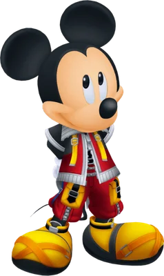 Hình ảnh Mickey Mouse trong trang phục Kingdom Hearts màu đỏ, đen, vàng đứng thẳng, tạo dáng cool ngầu.