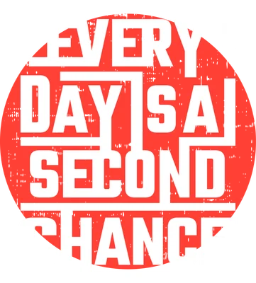 Hình ảnh chữ 'EVERY DAY IS A SECOND CHANCE' màu trắng với hiệu ứng grunge, đặt trên nền hình tròn đỏ và nền xám.