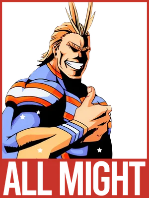 Hình ảnh All Might, nhân vật anime, giơ ngón cái, với chữ "ALL MIGHT" bên dưới.