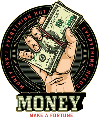 Hình minh họa bàn tay nắm chặt xấp tiền đô la Mỹ, với dòng chữ 'MONEY' và thông điệp về sự giàu có.