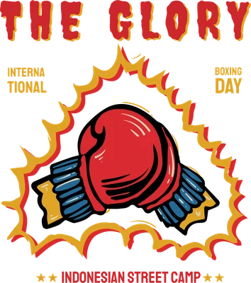 Hình minh họa găng tay boxing màu đỏ với viền năng lượng vàng, chữ 'THE GLORY' và 'INDONESIAN STREET CAMP' trên nền xám.