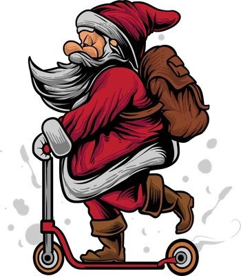 Ông già Noel đeo ba lô đang lái xe scooter phong cách hoạt hình hiện đại