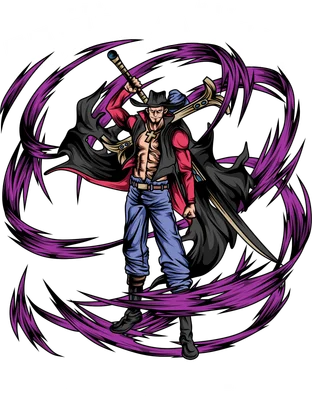 Hình ảnh Dracule Mihawk, nhân vật One Piece, đứng với kiếm và áo choàng tím vút bay, phong cách anime.