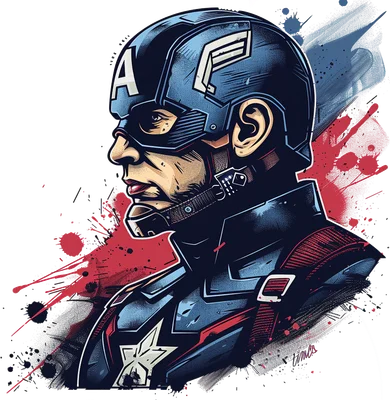 Hình minh họa Captain America nhìn nghiêng, đội mũ xanh có chữ A, trang phục xanh đỏ với ngôi sao, nền xám có vệt sơn đỏ và xanh.
