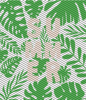 Thiết kế chữ Summer với nền họa tiết lá cây nhiệt đới màu xanh lá và đường kẻ sọc chéo