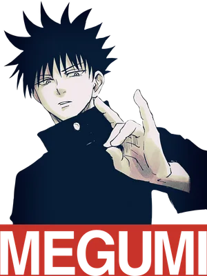 Hình vẽ nhân vật anime Megumi Fushiguro với mái tóc đen nhọn, mặc đồng phục, tay chỉ vào tai.