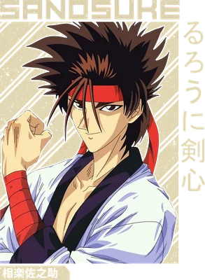 Hình vẽ nhân vật Sanosuke Sagara từ anime Rurouni Kenshin, mặc trang phục truyền thống, đeo băng đô đỏ.