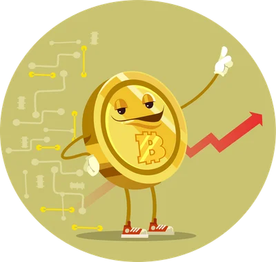 Hình ảnh hoạt hình đồng Bitcoin vui vẻ giơ ngón cái lên, có biểu tượng B và biểu đồ tăng trưởng màu đỏ.