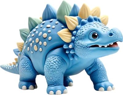 Hình ảnh khủng long Stegosaurus màu xanh dương dễ thương với các mảng gai vàng, xanh lá và đốm trắng.