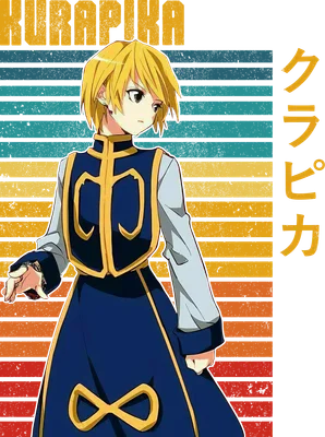 Hình vẽ nhân vật anime Kurapika với mái tóc vàng, mặc trang phục xanh đậm viền vàng, trên nền sọc ngang màu cam, vàng, xanh dương.