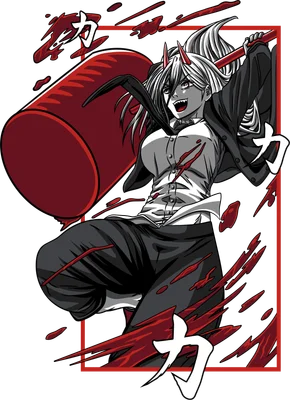 Hình ảnh nhân vật anime nữ tóc trắng, sừng đỏ, mặc áo sơ mi và quần đen, cầm búa đỏ lớn, xung quanh có vệt máu.