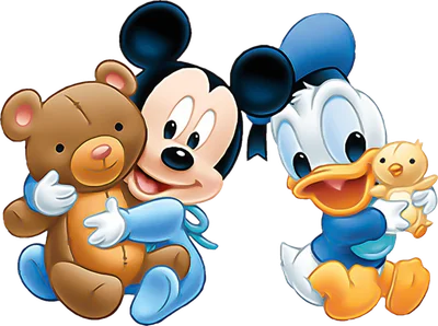 Hình ảnh hoạt hình Mickey Mouse và Donald Duck phiên bản em bé ôm gấu bông và gà con trên nền xám.