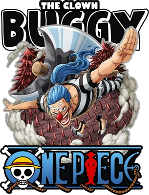 Hình ảnh nhân vật Buggy The Clown từ One Piece với biểu cảm hài hước, đang bay lượn cùng chiếc rìu lớn.