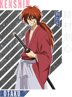 Hình ảnh Kenshin Himura, nhân vật anime samurai với mái tóc đỏ, kiếm Nhật và vết sẹo trên mặt, mặc áo kimono đỏ.