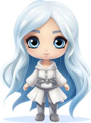 Hình ảnh cô gái chibi dễ thương với mái tóc xanh nhạt bồng bềnh, đôi mắt to tròn màu xanh biếc, mặc trang phục trắng và xám.