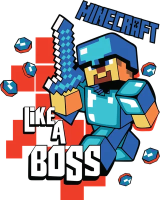 Hình ảnh nhân vật Minecraft mặc giáp xanh, cầm kiếm pixel, với dòng chữ 'Like a Boss' và logo Minecraft.