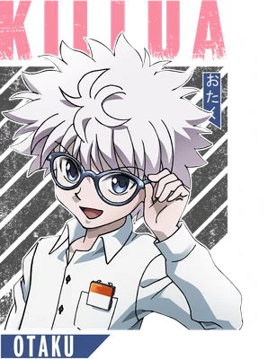 Hình vẽ nhân vật anime Killua Zoldyck đeo kính, tóc trắng, mặc áo sơ mi trắng, phong cách Otaku.
