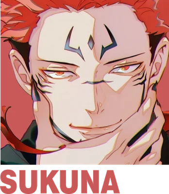 Hình ảnh nhân vật Sukuna trong anime với mái tóc đỏ, đôi mắt đỏ sắc sảo và các hình xăm đặc trưng trên mặt.