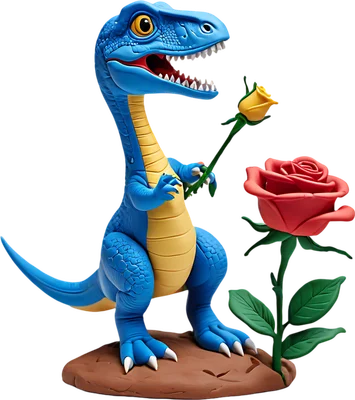 Hình ảnh 3D khủng long xanh hoạt hình dễ thương cầm hoa hồng vàng, bên cạnh là bông hồng đỏ trên nền đất nâu.
