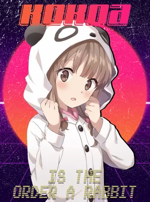 Hình ảnh cô gái anime dễ thương mặc áo hoodie hình gấu trúc, với nền retro synthwave.