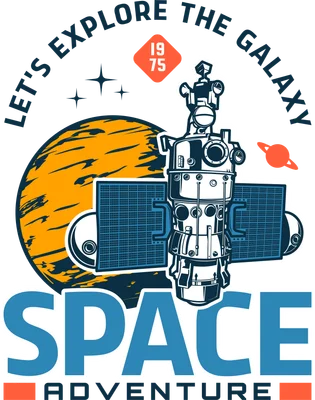 Hình minh họa phi thuyền không gian màu xanh trắng bay quanh hành tinh cam, với chữ 'SPACE ADVENTURE' và 'LET'S EXPLORE THE GALAXY'.