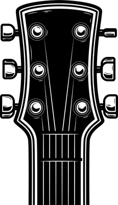 Hình ảnh đầu đàn guitar cổ điển với các chốt chỉnh dây, dây đàn và cần đàn, thiết kế đen trắng.