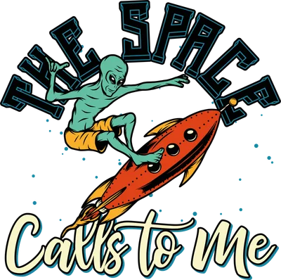 Hình minh họa người ngoài hành tinh màu xanh đang lướt trên tên lửa vũ trụ với dòng chữ The Space Calls to me