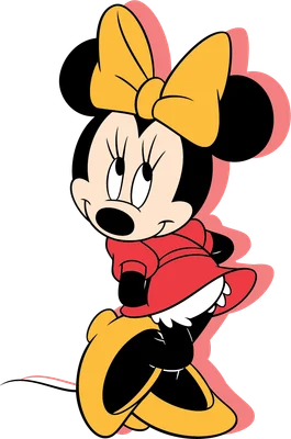 Hình ảnh hoạt hình Minnie Mouse đáng yêu với chiếc nơ vàng lớn, váy đỏ và giày vàng, tạo dáng vui tươi trên nền xám.