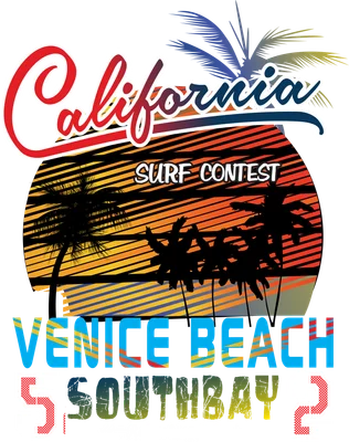 Thiết kế đồ họa chủ đề lướt sóng California với cây cọ, mặt trời và chữ cách điệu