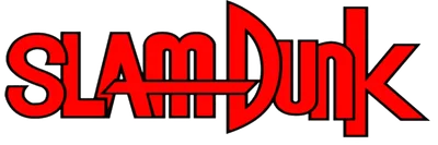 Logo chữ 'Slam Dunk' màu đỏ với viền đen, trên nền xám.