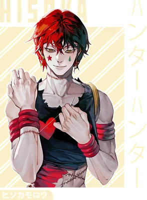 Hình vẽ nhân vật Hisoka từ anime Hunter x Hunter với mái tóc đỏ đen, trang phục rách và các vết khâu.