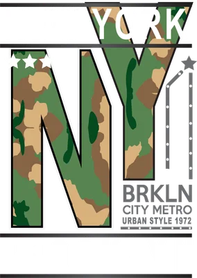 Thiết kế chữ New York NY Brooklyn với họa tiết rằn ri quân đội trên nền xám, có các ngôi sao và dòng chữ phụ.