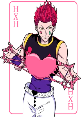 Nhân vật Hisoka trong Hunter x Hunter với mái tóc đỏ, cầm trái tim hồng bằng chất liệu nhầy