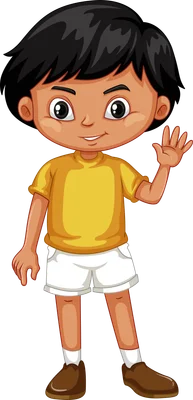 Hình ảnh minh họa cậu bé hoạt hình với mái tóc đen, áo vàng, quần short trắng, đang vẫy tay chào.