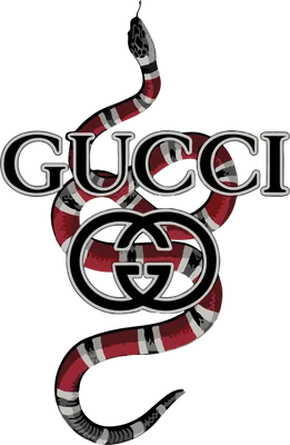 Hình ảnh con rắn màu đỏ đen trắng quấn quanh logo GG của Gucci trên nền xám.