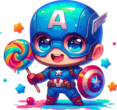 Hình ảnh Captain America phiên bản chibi đáng yêu, mặc trang phục siêu anh hùng, cầm kẹo mút xoắn ốc nhiều màu và chiếc khiên biểu tượng.